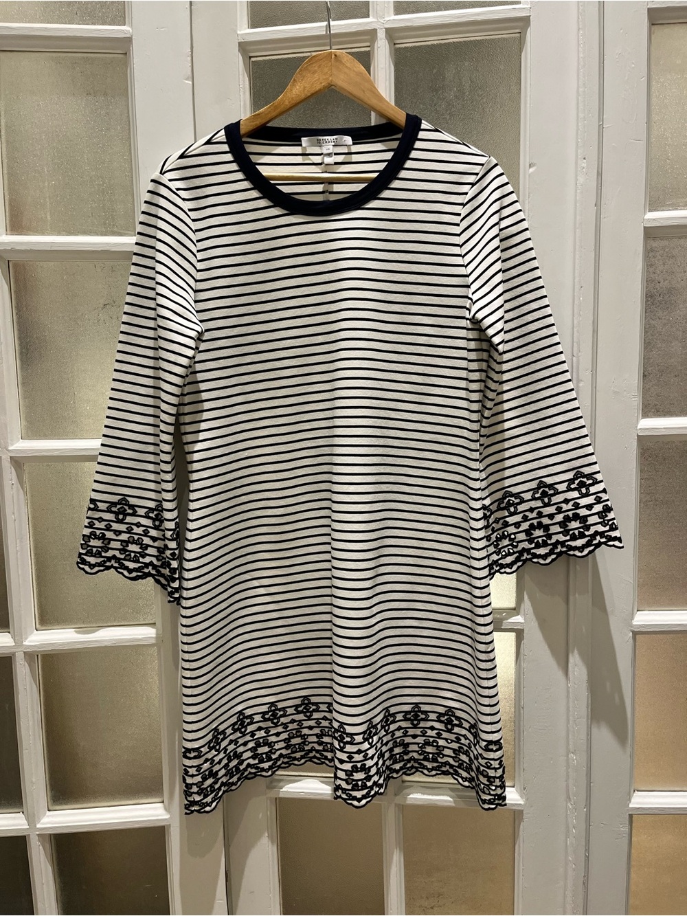10 Crosby Derek Lam Black & White Striped Embroidered-Hem Midi Dress